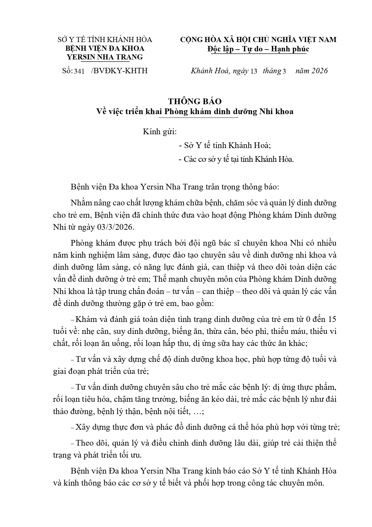 Thông báo Về việc triển khai Phòng khám dinh dưỡng Nhi khoa